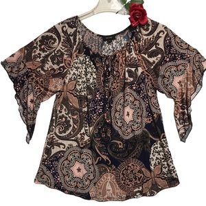 Espresso  Multicolor peasant top ties at neck floppy sleeves Lg